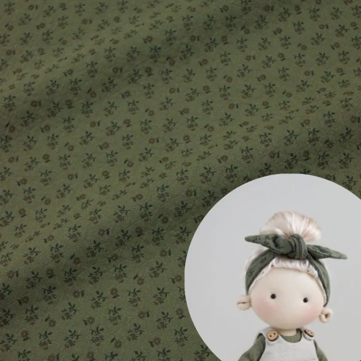 Муслин двухслойный с эф.фактурной стежки Цветочки цв.т.хаки для повязки на голову GREEN HOUSE 46*10см 27772 для кукол