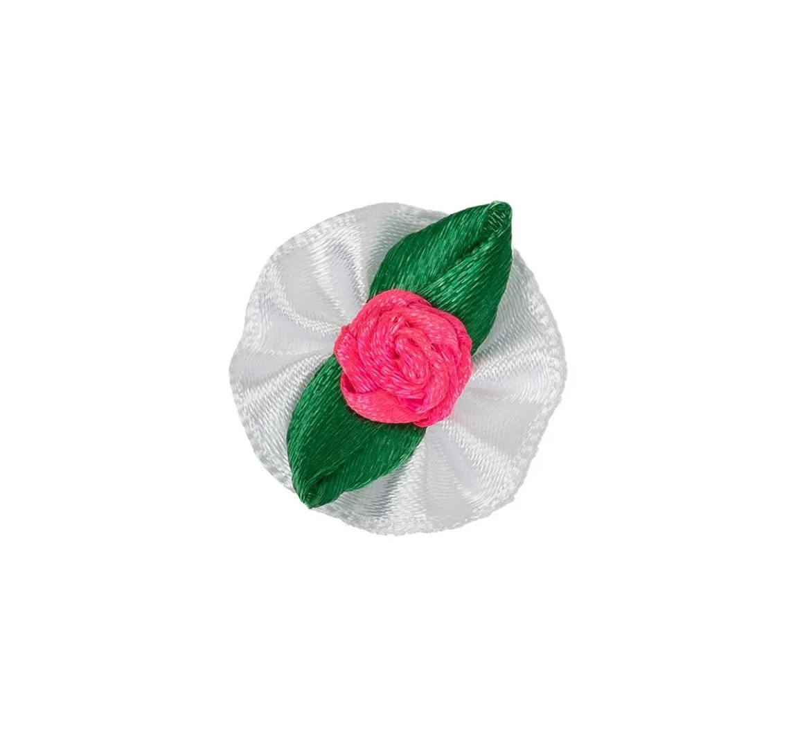 Розочка атласная на кружке цв.яр.розовый-белый (74) д=2,5см 1 шт. для кукол | 1