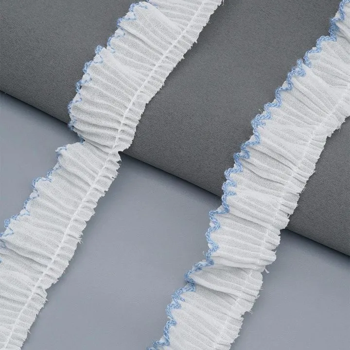 Кружево плиссированное шир.2,5см дл.1м цв.01 белый/голубой 7748767 для кукол