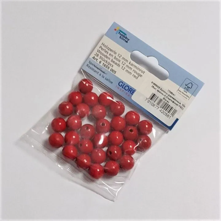 Бусины деревянные d-12мм 28шт. цв.красный 61655005 для кукол