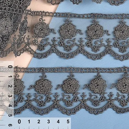 Кружево на сетке TR.3814 шир.50мм цв.370 т.серый для кукол | 1
