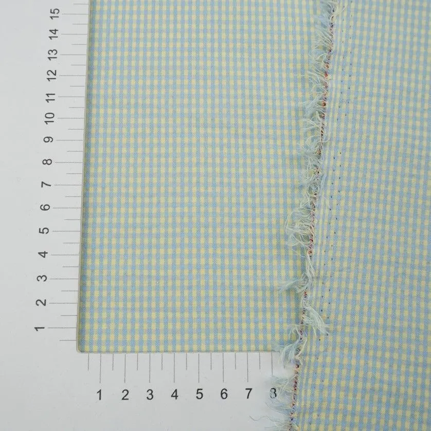 Ткань хлопковая сорочечная (Пестрядь) Микроклетка цв.св.лимонный/голубой 50*48см 28135 для кукол | 2